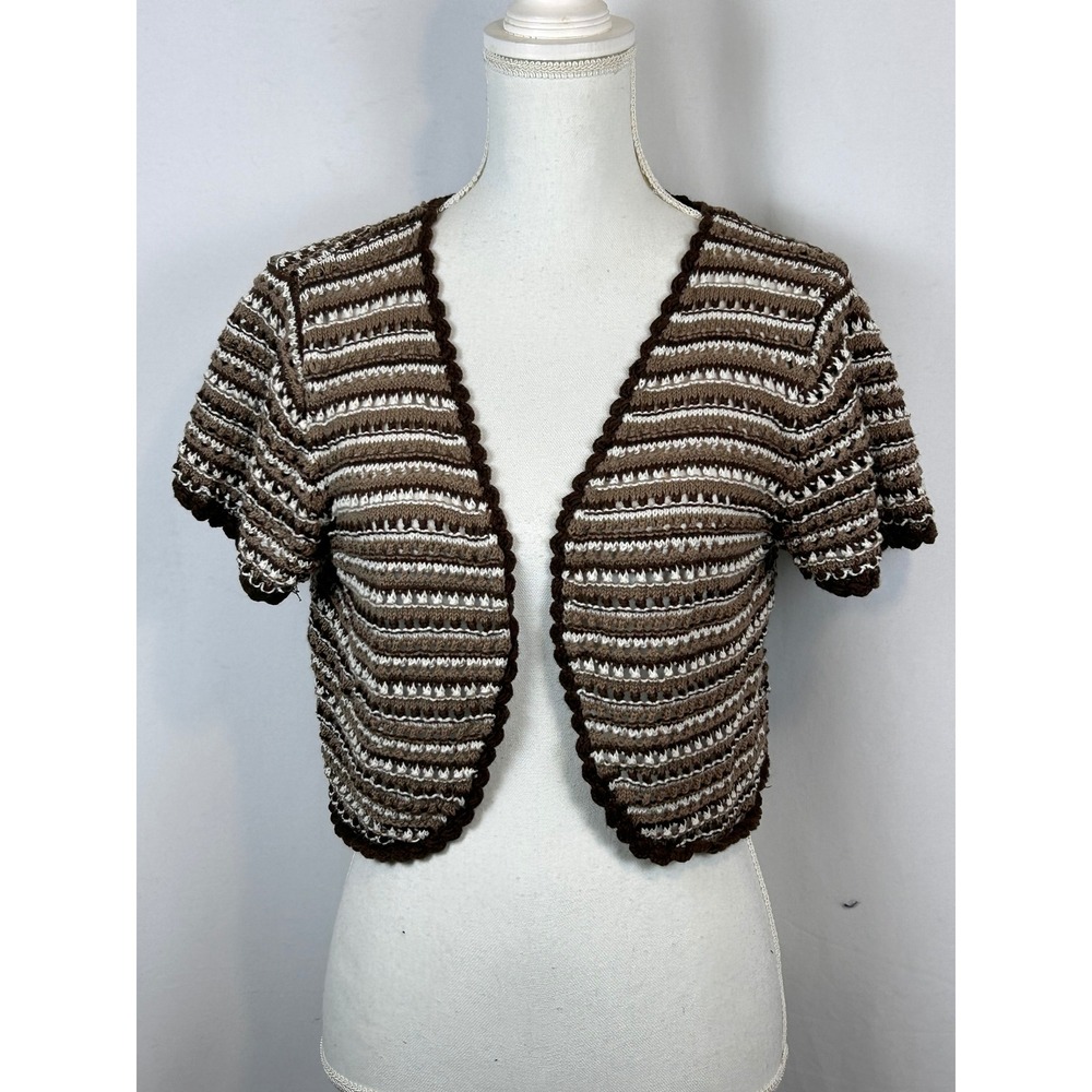 Liz Claiborne Brown Striped Crochet Knit Cropped Cardigan Shrug Large A254717